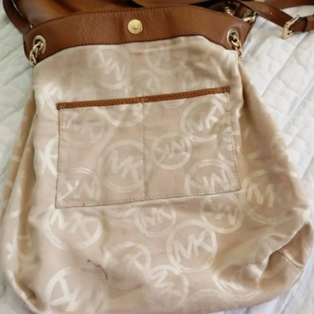 Michael Kors Brown Leather Shoulder Bag With Chain Straps & MK Logo Lining Women